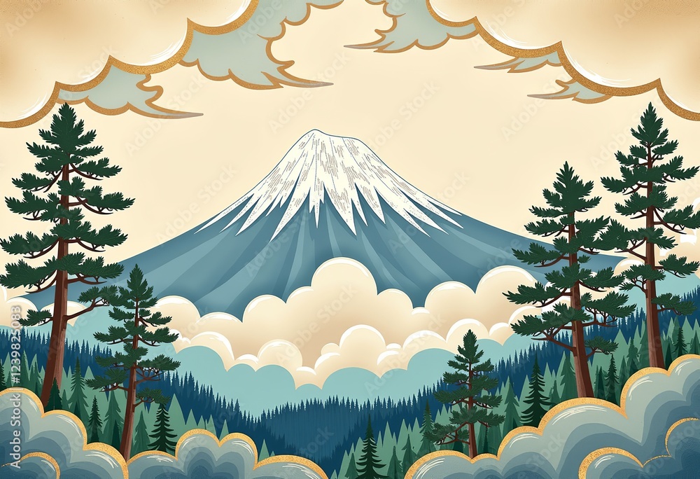 Poster 時代を超えた日本のデザイン：富士山、松、雲、優しい青、緑、白のパレット、繊細な金のアクセント、文化的なアート、伝統的な模様、平和な風景、上品なグラフィック、シームレスなリピート、アジアのモチーフ