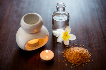 Holistic, health and aromatherapy candle on table with balance, peace and natural flower fragrance....