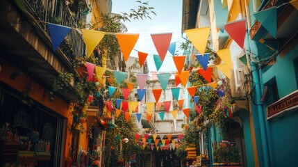 Festive street, colorful bunting, vibrant buildings, celebration, travel