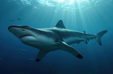 Fototapeta premium Ocean shark bottom view from below. Open toothy dangerous mouth with many teeth. Underwater blue sea waves clear water shark swims