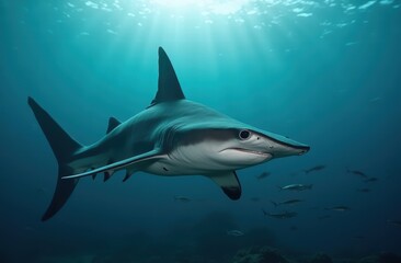 Fototapeta premium Ocean shark bottom view from below. Open toothy dangerous mouth with many teeth. Underwater blue sea waves clear water shark swims