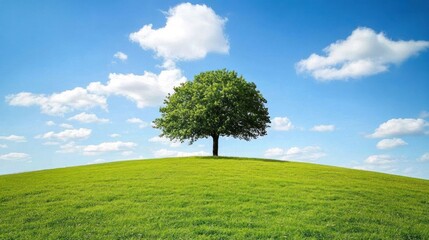 Lone tree on green hill, sunny sky, nature, peaceful landscape, idyllic