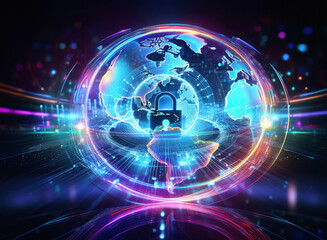Fototapeta premium A vibrant double exposure image depicts a glowing Earth encircled by a digital lock, symbolizing global cybersecurity and data protection. The scene is dynamic and energetic, hinting at the ever-evol