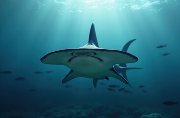 Fototapeta premium A large hammerhead shark with its unique, flat hammer-shaped head, broad eyes on each end, and a streamlined, grayish-blue body