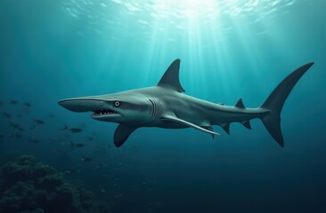 Fototapeta premium Ocean shark bottom view from below. Open toothy dangerous mouth with many teeth. Underwater blue sea waves clear water shark swims