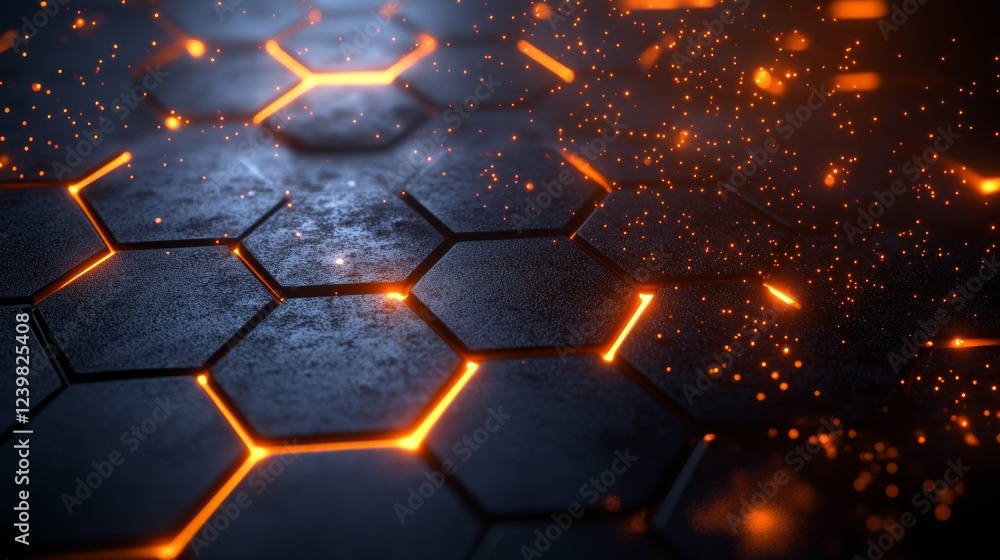 Poster illuminated hexagonal grid with glowing embers