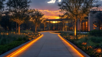 A path with trees and a building lit up with lights