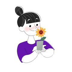 Happy Woman Holding a Sunflower Plant Pot Illustration