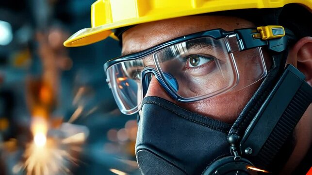 Close-up of a worker wearing protective gear, focused on welding task, showcasing safety and precision in industry.
