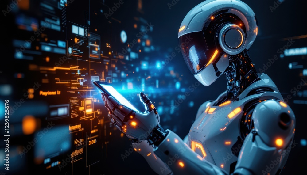 Poster Futuristic robot with touchscreen interface analyzing digital data