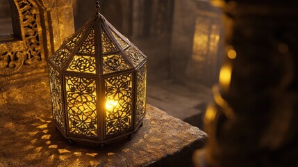 Ornate lantern glows, ancient ruins backdrop, Ramadan festival