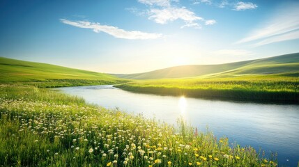 Obraz premium Sunny river flows through vibrant spring meadow, rolling hills background; idyllic nature scene