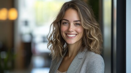 Obraz premium A Smiling Woman with Curly Brown Hair Poses Indoors