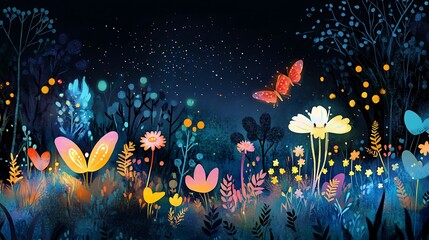 Nighttime Garden with a Butterfly and Glowing Flowers