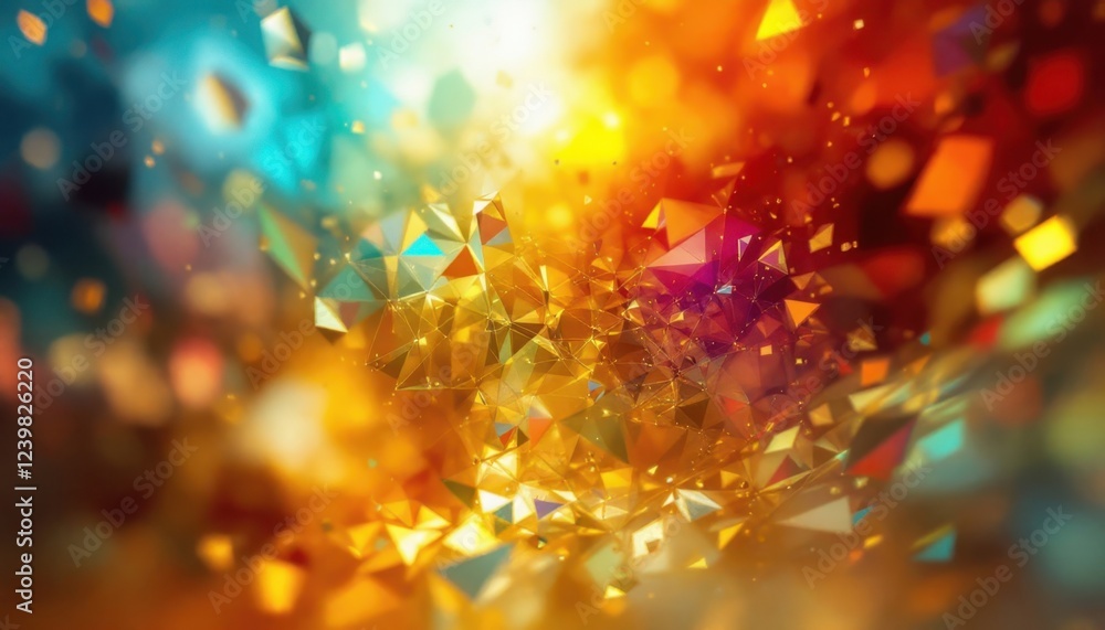 Poster abstract geometric colorful pattern with floating triangles and light effects