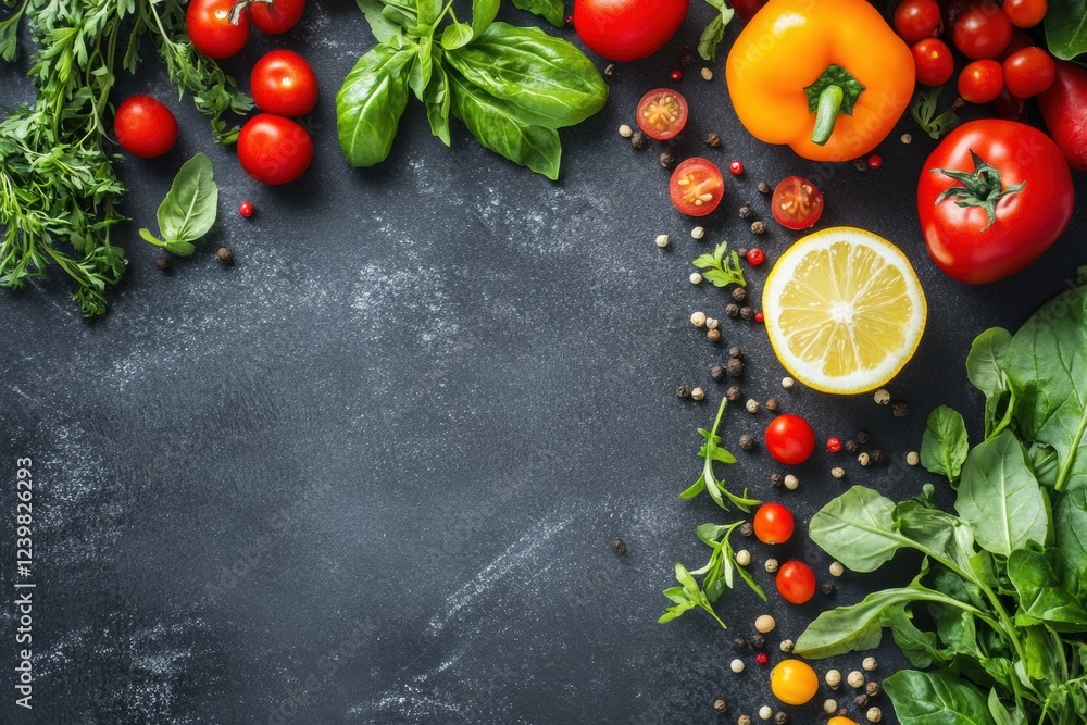 Poster fresh vegetables and herbs arranged on a dark surface ready for cooking or salad preparation using v
