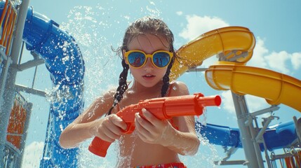 Girl playing water gun, summer, water park, splashes, fun