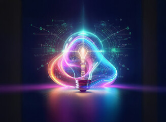 Obraz premium A vibrant double exposure image depicts a lightbulb with swirling, colorful energy, symbolizing innovation and creativity. The background hints at technological advancement.