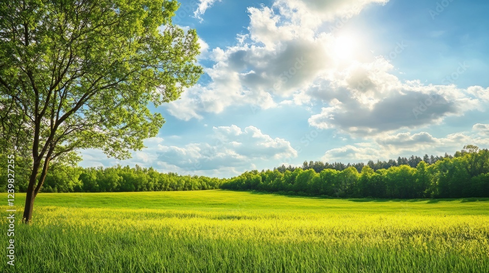 Poster vibrant green meadow under a clear blue sky with fluffy clouds and sunlight streaming through trees 