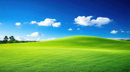 Fototapeta premium Idyllic green field, blue sky, rolling hills, sunny day, nature background, landscape poster