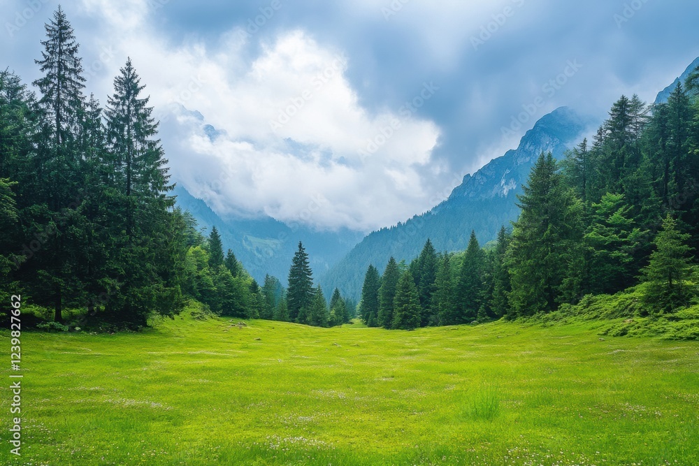 Aufkleber Lush green meadow surrounded by towering mountains on a cloudy day in a serene forest environment. Generative AI