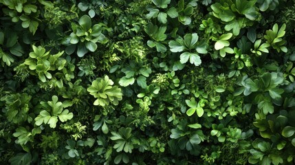 Fototapeta premium Lush green foliage wall texture, various plants create a dense, natural backdrop. Perfect for nature, eco, or botanical designs, ideal for website banners or print projects.