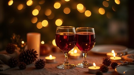 A romantic dinner table set with mulled wine and soft, dim lighting. Fairy lights glow around the space, creating a cozy, intimate winter atmosphere for a perfect evening.