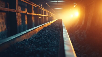 Fototapeta premium Coal conveyor belt transporting coal in mine tunnel