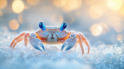 Fototapeta premium Bright-eyed crab on beach, sunset bokeh, nature poster
