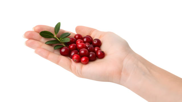 A woman's hands hold a handful of fresh, ripe red cranberries