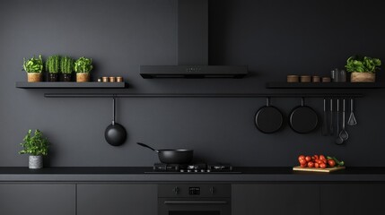 Modern black kitchen interior, range hood, cooking