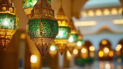 Obraz premium Green lanterns illuminate opulent mosque hallway