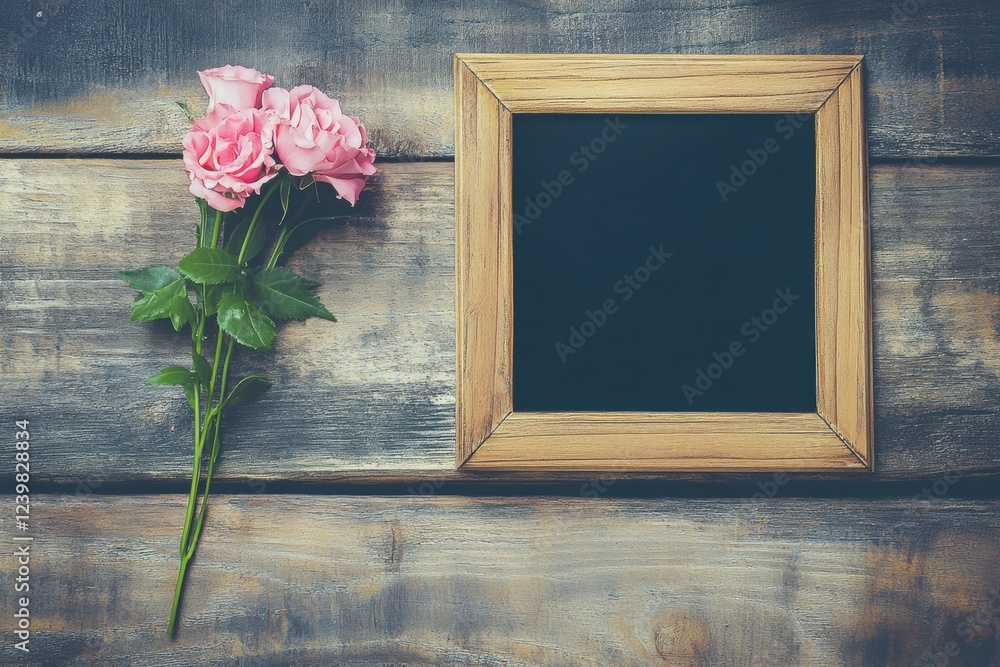 Poster decorative arrangement of pink roses beside a wooden frame on rustic background showcasing elegance 