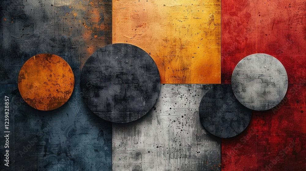 Poster abstract geometric art with circular and rectangular patterns in bold colors