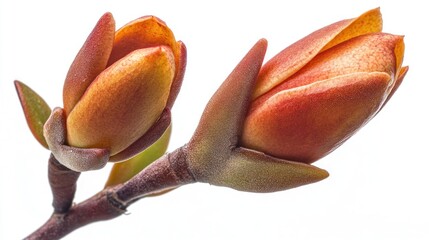 Orange flower buds, spring branch, close-up, white background, botanical