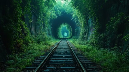 Fototapeta premium Enigmatic Green Tunnel: Nature's Embrace of Railway