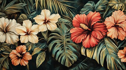 Vibrant Floral Composition with Hibiscus and Tropical Leaves