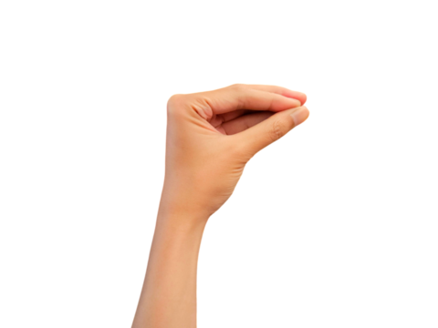 Close-up of a hand making a pinching gesture, emphasizing the detail and nuance of the human hand's expressiveness, isolated on white background, transparent PNG, cut out 