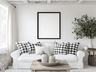 Rustic Farmhouse Living Room Mockup: A cozy and inviting farmhouse living room with a white sofa adorned with black and white buffalo check pillows.