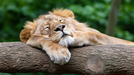 Naklejka premium A lion peacefully sleeping on a log, surrounded by lush greenery.