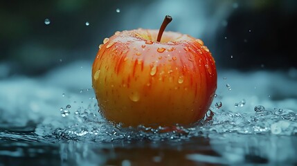 A red apple is floating in a stream of water