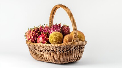 Rattan basket, tropical fruits, studio shot, white background, healthy food
