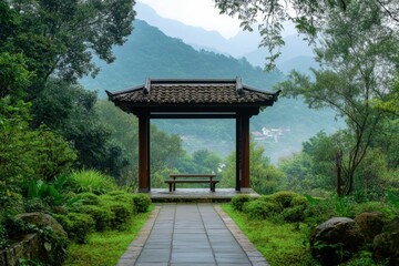 Serenity in a lush garden pavilion surrounded by misty mountains and vibrant greenery during early morning hours. Generative AI