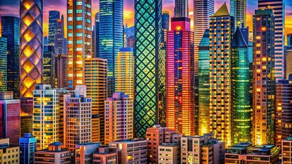 Obraz premium Panoramic Cityscape: Repeating Architectural Patterns, Modern Building Facades, Urban Skyline, Geometric Design, Architectural Photography