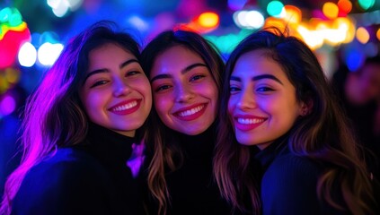 Nighttime Fun: Three Friends Smiling Brightly Under Neon Lights