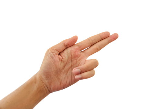 Hand forming a finger gun gesture, commonly used in playful expressions or pointing, isolated on white background, transparent PNG, cut out