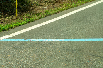 A pale blue and white line intersect on a dark gray asphalt road next to a grassy verge.