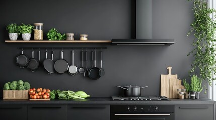 Dark kitchen, cookware hanging, vegetables, modern design, cooking, food prep, home decor, lifestyle