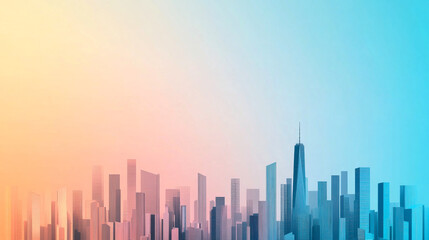 Fototapeta premium A gradient city skyline illustration with modern skyscrapers against a soft blue and orange background.