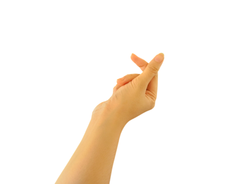 A hand making a finger heart gesture, a symbol of love and affection, isolated on a white background, transparent PNG, cut out
